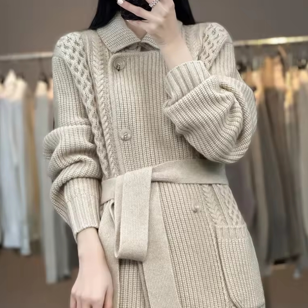 cardigan women's lace-up suit collar thick loose mid-length  sweate - Picture 6 of 9